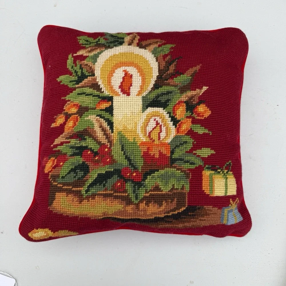 VTG Needlepoint Christmas Candle Pillow Velvet Back 12